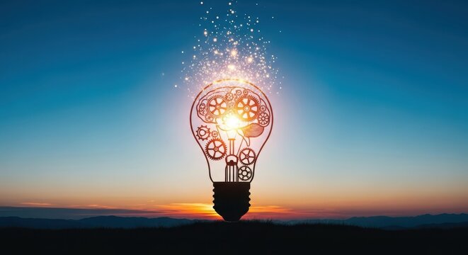 A glowing light bulb with a brain and gears inside, symbolizing ideas and innovation, set against a vibrant sunset sky