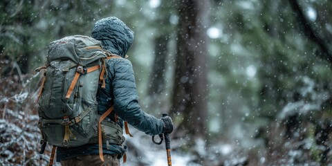 Smiling hiker in jacket and beanie with trekking poles walks through heavy snowfall in snowy pine forest. Joyful winter adventure trek, exhilarating snowy wilderness thrill.
