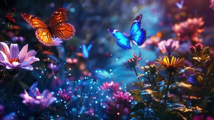 A vibrant fantasy scene with a multitude of butterflies fluttering over lush flowers. A perfect for nature lovers or those seeking dreamy and whimsical ry. - Powered by Adobe