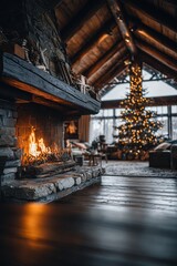 Naklejka premium Cozy wooden cabin living room with roaring stone fireplace and bokeh-lit Christmas tree in warm glow. Rustic holiday hearth comfort, inviting festive winter sanctuary vibe.