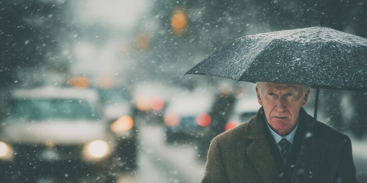 Man in profile under large black umbrella gazes thoughtfully amid heavy snowfall on snowy urban street with blurred car lights. Melancholic winter city solitude, poignant snowy evening reflection. - Powered by Adobe