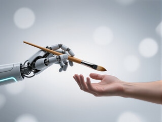 Human Hand Painting Robo Hand: Creative Collaboration Between Man and Machine.A human hand uses a paintbrush to color a futuristic robotic hand, symbolizing collaboration between people and technology