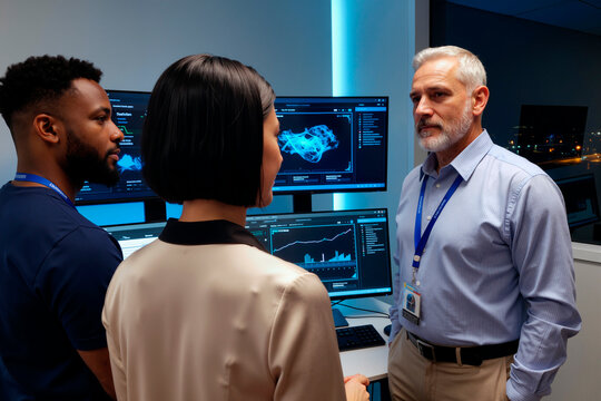 Middle aged Caucasian man, young Black man, young Asian woman discussing data analysis in modern control room, multiple monitors displaying graphs and digital information in background - Powered by Adobe