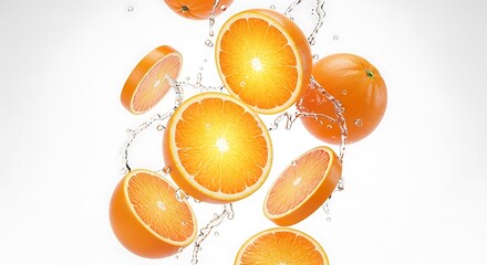 Fresh Orange Slices and Whole Oranges in Motion with Water Splash Against White Background