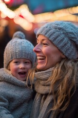 Obraz premium Laughing mother holds her smiling child in winter clothes under glowing Christmas lights and falling snow. Family joy, warmth, and bonding during the holiday season.