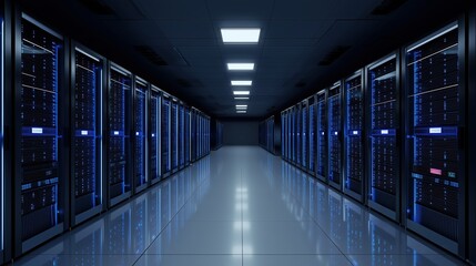 Server data center with rack network technology, digital storage and security under blue lighting.