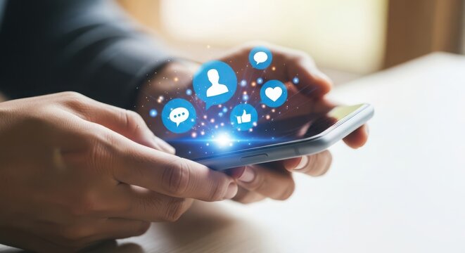Closeup of hands holding a smartphone with social media icons and notifications popping out, representing online communication and engagement