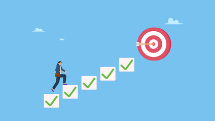 Smart businesswoman walk up checklist as staircase to achieve target. Personal development plan for career success, build specialist skill or competence to motivate and achieve business target.