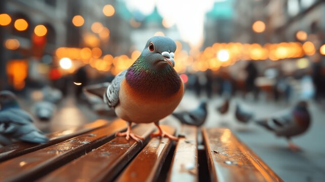 This striking image showcases a colorful pigeon standing on a table, surrounded by a lively urban setting filled with blurred lights and people, capturing the essence of city life.