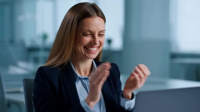 A businesswoman claps her hands in excitement while working on her laptop Stock Video