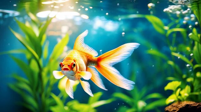 Golden Goldfish Swimming Aquarium Green Plants Sunlight Bubbles Tropical Fish Beauty Underwater Scene