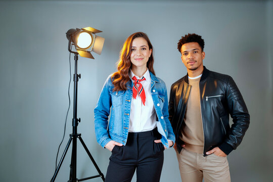 Portrait of Caucasian young adult woman and Black young adult man standing together in studio, both looking at camera, professional lighting equipment visible in background