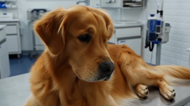 A Golden Retriever on an examination table at a vet's clinic looking attentively, with medical equipment in the background Stock Video
