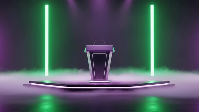 Empty modern lectern on a foggy stage illuminated by green and purple neon lights
