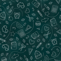 Seamless pattern with a school theme. Hand-drawn background for website design, scrapbooking, textiles, prints, and wrapping paper.