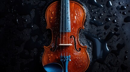 Naklejka premium A beautifully crafted violin adorned with water droplets, placed on a dark surface, creating a mesmerizing contrast that enhances the instrument's intricate details and craftsmanship.