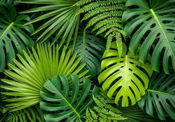 Dark green plants growing in a lush foliage background of tropical leaves like anthurium, epiphytes, or ferns, forming a beautiful green plant wall design in a cloud forest