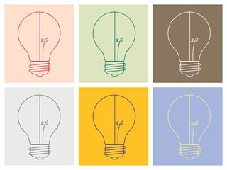 Six colorful handdrawn light bulb icons isolated on white background