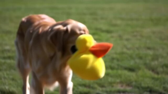 A golden retriever joyfully carrying a plush duck toy in its mouth in the park Stock Video