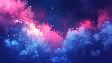 Colorful cloudy night sky filled with glittering stars shines brightly