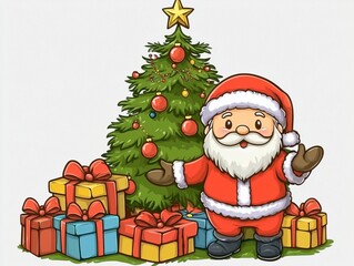 Cartoon Santa Claus with Decorated Christmas Tree and Gifts on White Background for Holiday Card, Poster, or Banner
