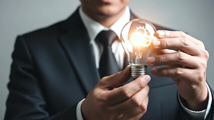 Businessman in Dark Suit Holding Illuminated Light Bulb with Gears Against a Neutral Gray Background