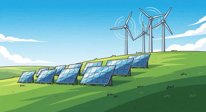 Vector illustration of solar panels and wind turbines on green hill with clear sky.