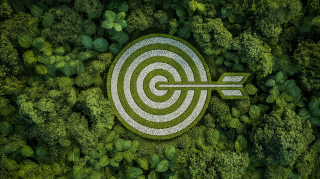 Green Target and Arrow Isolated Forest Background. Sustainability Goal, Environmental Achievement, Ecological Vision, Green Strategy and Eco-Friendly Objectives Concept. 