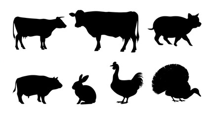 Set of black silhouettes of farm animals cow, pig, rabbit, duck, turkey