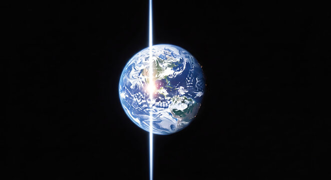 Earth surrounded by darkness, bisected by a bright, vertical beam of light.
