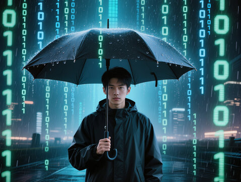 Tech-Savvy Individual Under Umbrella Surrounded by Digital Rain in Neon Cityscape. A person in a blue jacket stands under an umbrella in the rain, surrounded by cascading binary code and neon lights.