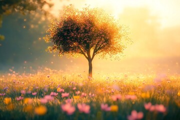 A solitary tree stands tall in a vibrant meadow bathed in golden sunlight, creating a serene and peaceful scene.