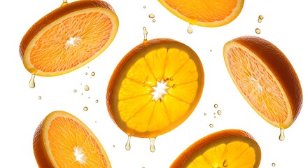 Vibrant and Refreshing Orange Slices with Sparkling Water Droplets Against a Clean White Background, Highlighting Freshness and Natural Zest