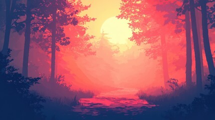Illustration depicts a peaceful forest landscape with soft sunlight