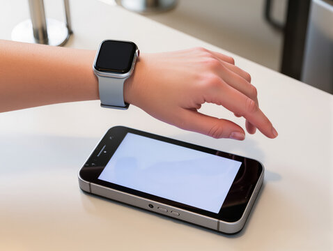 Person Using Contactless Payment Terminal With Smartwatch On Wooden Desk. A hand taps a contactless payment terminal with a smartwatch nearby, showcasing modern digital payments and technology.