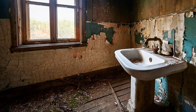a weathered chipped sink sits in a dilapidated room with a peeling wall and window