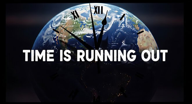 Earth globe with clock hands showing time running out, symbolizing urgency and environmental concerns. - Powered by Adobe