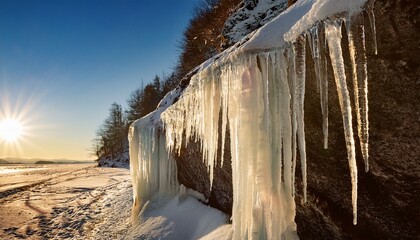 close up of icy stalactites on a frozen cliff under morning sunlight