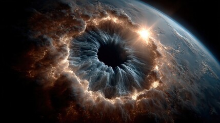 This image captivates with a dark cosmic void surrounded by swirling clouds of vibrant light, symbolizing the endless mysteries of space and the human quest for knowledge and exploration.