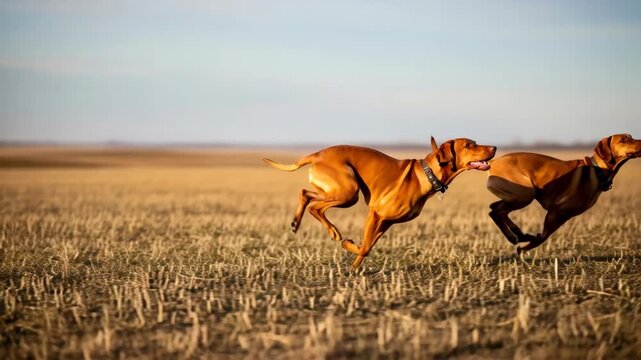 Two vizsla dogs running and playing in a field, showing their agility and spirit for hunting season footage.