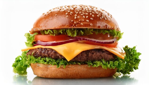 close up of juicy cheeseburger with fresh toppings isolated on white background - Powered by Adobe