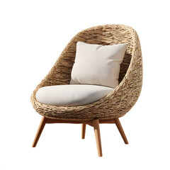 Minimalist rattan or wooden outdoor lounge chair with soft cushions, centered composition, high-detail isolated render.