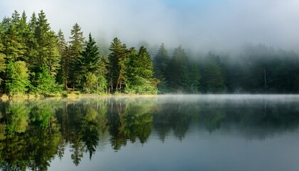 Obraz premium misty forest reflected in a still lake lush green trees line a tranquil shoreline mirrored perfectly in the calm water a light mist hangs in the air adding a sense of serenity