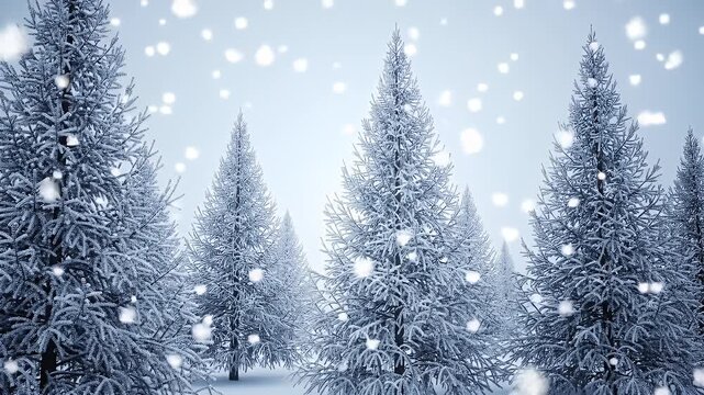 Snow Covered Pine Trees in a Winter Landscape with Falling Snowflakes