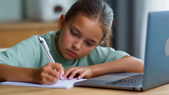 A young student concentrates on her writing assignment using a laptop Stock Video