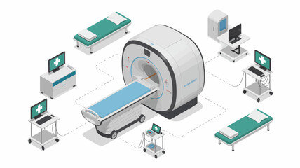 Modern isometric medical equipment layout featuring MRI machines, hospital beds, and healthcare devices, ideal for medical illustration, digital design, healthcare infographics, and professional hospi