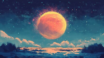 Artistic rendering of an orange planet over a water landscape