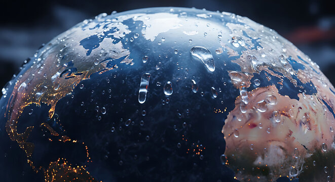 A close-up view of a globe covered in water droplets, showcasing the continents.