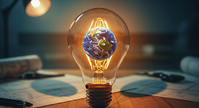 Earth globe inside a glowing lightbulb, resting on a desk with blueprints, symbolizing innovation and environmental awareness.