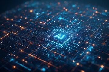 Digital representation of artificial intelligence with lights and circuits. Futuristic image with the letters AI illuminated on a digital circuit, symbolizing technology, innovation, and neural networ